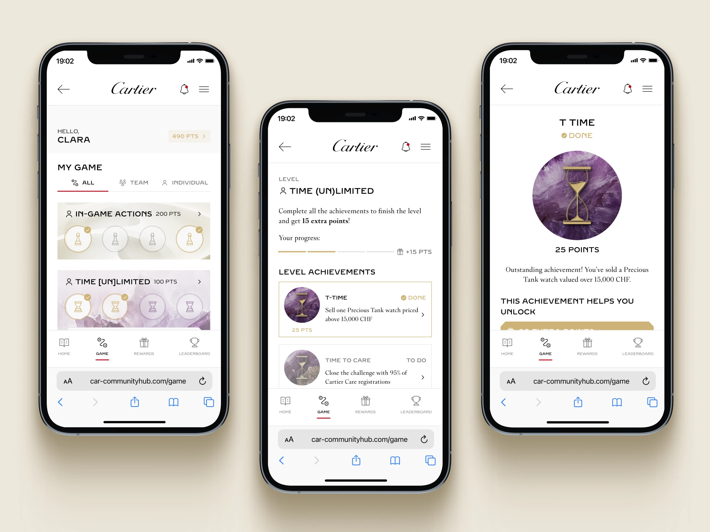 Three Cartier Time Shaper Challenge screens: the game home with points and level cards, a level's achievement list, and a completed achievement detail